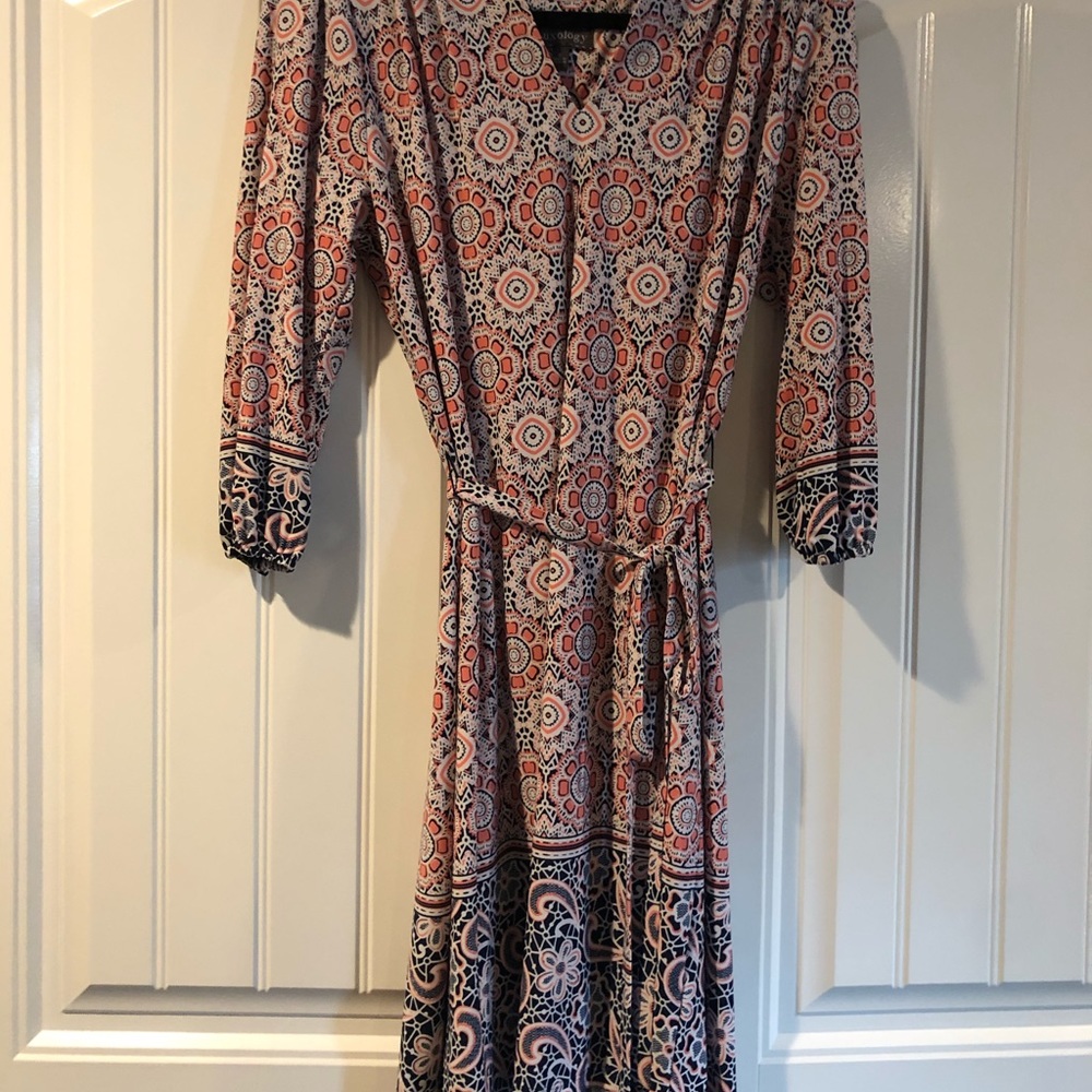Coral and navy print knee length dress